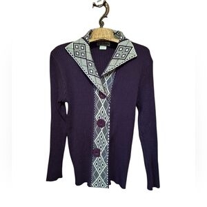 Purple & White Geometric Ribbed Cardigan Sweater Large Buttons Modern Edgy XL